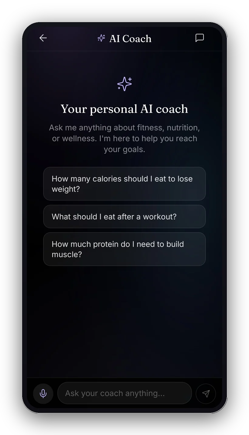 Thrive AI coach screen with suggested questions about calories, post-workout meals and protein