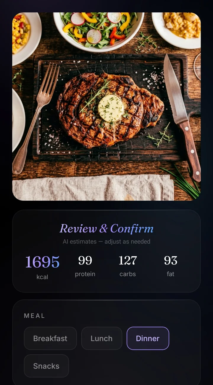 A photo of a steak dinner with Thrive's estimate: 1,695 kcal, 99 g protein, 127 g carbs, 93 g fat