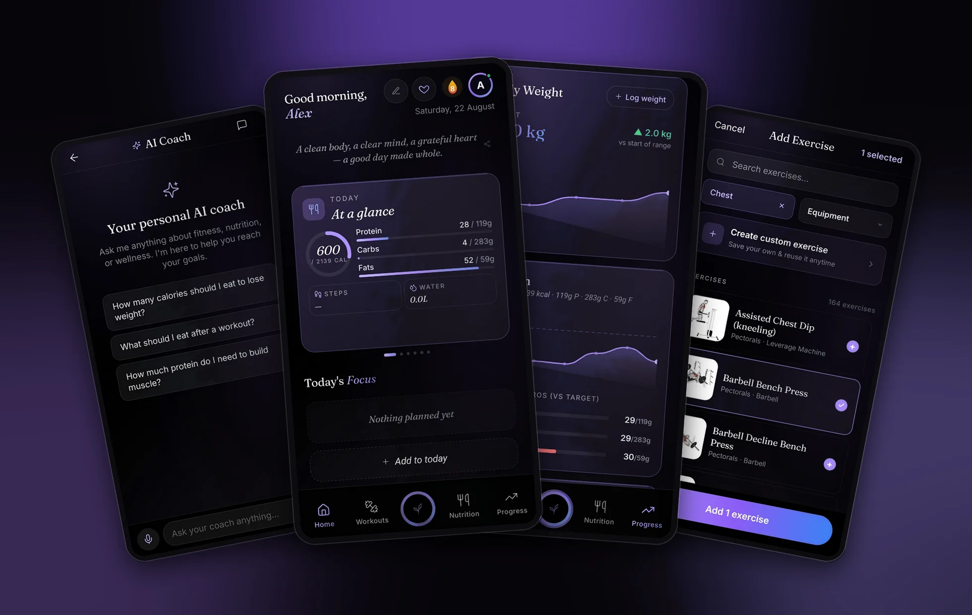 Four Thrive screens: AI coach, home dashboard, body weight progress and the exercise library